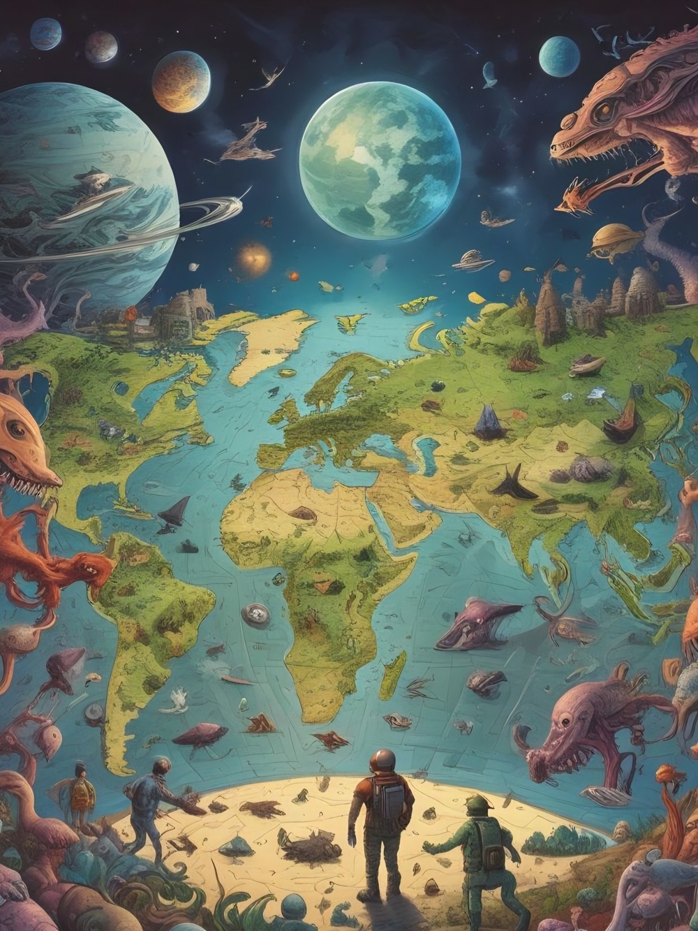 Surreal Planetary World Map Art Print in Teal and Green